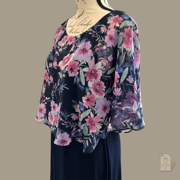 Navy Sheath Dress with Floral Chiffon Cape Overlay Size 6 Special Occasion - Picture 5 of 7